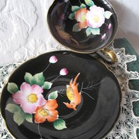 Vintage Tea Cup Black Floral Bird Motif  Made in Japan Tea Time Gift Cottage Shabby Chic  Downton Austen Steampunk Cosplay WhenRosesBloom