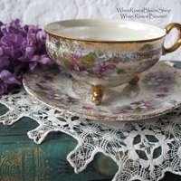 Vintage Footed Tea Cup Violets Japan Mid Century Retro Dainty Tea Time Gift Victoria Downton Tea Elegant Farm Shabby Chic  WhenRosesBloom