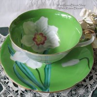 Vintage Footed Tea Cup Green White Floral Lily Japan Mid Century Modern Retro Tea Time Shabby Chic Cottage Farmhouse Tea Gift WhenRosesBloom