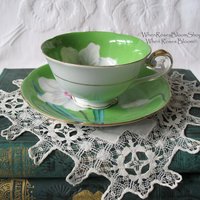 Vintage Footed Tea Cup Green White Floral Lily Japan Mid Century Modern Retro Tea Time Shabby Chic Cottage Farmhouse Tea Gift WhenRosesBloom