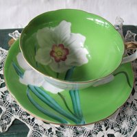 Vintage Footed Tea Cup Green White Floral Lily Japan Mid Century Modern Retro Tea Time Shabby Chic Cottage Farmhouse Tea Gift WhenRosesBloom