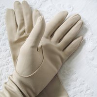 Vintage Gloves Beige Vegan Fabric Sz 6 1/2 Matinee Length Elegant Classic Mid Century Mod  Cocktail Party Style  Free Ship US WhenRosesBloom