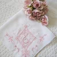 Vintage Madeira Hanky E Initial Monogram Pink Embroidery Wedding Keepsake Gift Handkerchief Remembrance Heirloom FREE SHIP US WhenRosesBloom