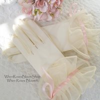 Vintage Gloves Sheer White Ruffles Pink Retro Mid Century Wedding Tea Dance Party NOS Mid Century Cosplay  Free Ship  US When Roses Bloom