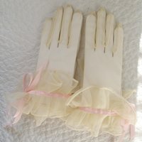 Vintage Gloves Sheer White Ruffles Pink Retro Mid Century Wedding Tea Dance Party NOS Mid Century Cosplay  Free Ship  US When Roses Bloom
