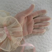 Vintage Gloves Sheer White Ruffles Pink Retro Mid Century Wedding Tea Dance Party NOS Mid Century Cosplay  Free Ship  US When Roses Bloom
