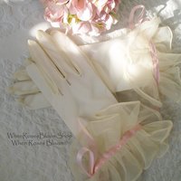 Vintage Gloves Sheer White Ruffles Pink Retro Mid Century Wedding Tea Dance Party NOS Mid Century Cosplay  Free Ship  US When Roses Bloom