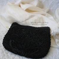 Black Beaded Purse Evening Bag Vintage Art Deco Retro Cocktail Party Classic Style Glamour Dance Steampunk Cosplay WhenRosesBloom