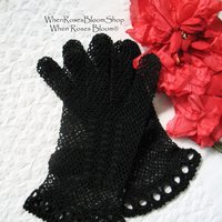 Vintage Black Crochet Lace Gloves Tea Party Elegant Steampunk Goth Victoria Downton Miss Fisher Cosplay  FREE SHIP US When Roses Bloom