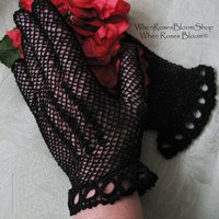 Vintage Black Crochet Lace Gloves Tea Party Elegant Steampunk Goth Victoria Downton Miss Fisher Cosplay  FREE SHIP US When Roses Bloom