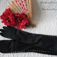 Black Gloves Sz 7.5 Rhinestone Elegant Vintage Hollywood Glamour Mid Century Cocktail Party Lady Mary Downton Marilyn Monroe WhenRosesBloom