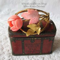 Vintage Bracelet Mid Century Floral Jewelry Bangle Peach Pink  Rose Gold Tone Metal & Plastic Classic Romantic Rose Floral  WhenRosesBloom