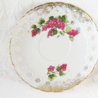 Vintage Footed Teacup Red Pink Berries Japan Mid Century TeaTime Gift Victoria Downton Abbey Cottage Shabby Chic Tea WhenRosesBloom