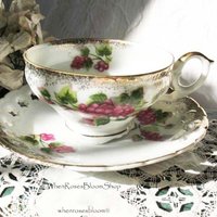 Vintage Footed Teacup Red Pink Berries Japan Mid Century TeaTime Gift Victoria Downton Abbey Cottage Shabby Chic Tea WhenRosesBloom