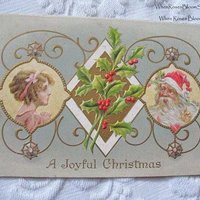 Vintage Santa Claus Postcard Little Girl Holly Ornaments Christmas Embossed 1900s Victorian Edwardian Holiday Free Ship US WhenRosesBloom