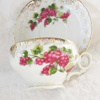 Vintage Footed Teacup Red Pink Berries Japan Mid Century TeaTime Gift Victoria Downton Abbey Cottage Shabby Chic Tea WhenRosesBloom