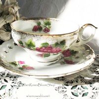 Vintage Footed Teacup Red Pink Berries Japan Mid Century TeaTime Gift Victoria Downton Abbey Cottage Shabby Chic Tea WhenRosesBloom