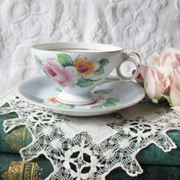 Vintage Tea Cup Footed Blue Pink Roses Made in Japan Tea Time Gift Mid Century Victoria Downton Abbey Cottage Shabby Chic WhenRosesBloom