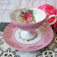 Vintage Tea Cup Pink Rose Footed Royal Halsey Gold Japan Downton TeaTime Gift Cottage Shabby Chic Mid Century Tea Style  WhenRosesBloom