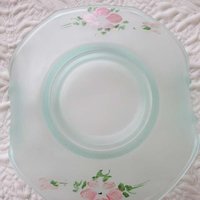 Green Depression Frosted Satin Glass Basket Candy Dish Pink Roses Vintage Retro Tea Time Gift Farmhouse Shabby Chic Style WhenRosesBloom