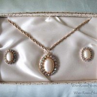 Vintage Rhinestone Necklace Earrings Pearl Gold Tone 1950s Mid Century Wedding Retro Jewelry Downton Abbey J Austen Cosplay WhenRosesBloom