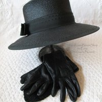 Vintage Black Straw Hat Sailor Panama Boater Classic  Elegant  Retro Style Princess Diana Duchess Kate Miss Phyrne Fisher  WhenRosesBloom