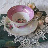 Vintage Tea Cup Footed Pink Roses MOP Pearl Made in Japan Retro Tea Party Gift Mid Century Cottage Shabby Chic Farmhouse   WhenRosesBloom
