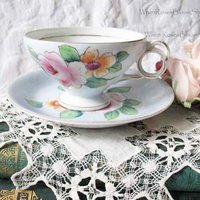 Vintage Tea Cup Footed Blue Pink Roses Made in Japan Tea Time Gift Mid Century Victoria Downton Abbey Cottage Shabby Chic WhenRosesBloom