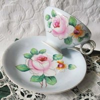 Vintage Tea Cup Footed Blue Pink Roses Made in Japan Tea Time Gift Mid Century Victoria Downton Abbey Cottage Shabby Chic WhenRosesBloom