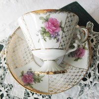 Vintage Footed Tea Cup Saucer Roses Gold Made in Japan Mid Century TeaTime Gift Victoria Downton Abbey Cottage Shabby Chic When Roses Bloom