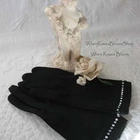 Vintage Black Gloves Sz 6+ Rhinestone Elegant Hollywood Glamour Dance Wedding Evening Cocktail Steampunk  NOS Free Ship US  WhenRosesBloom