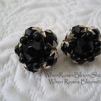 Black Lucite Clip On Earrings Mid Century Retro Vintage Jewelry Plastic Crystal Facet Jewels Hollywood Regency WhenRosesBloom