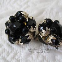 Black Lucite Clip On Earrings Mid Century Retro Vintage Jewelry Plastic Crystal Facet Jewels Hollywood Regency WhenRosesBloom