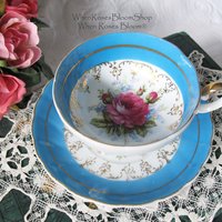 Tea Cup Footed Turquoise Blue with Pink Floral Roses Japan Retro Vintage Tea Time Gift  Romantic Shabby Chic Cottage Tea WhenRosesBloom