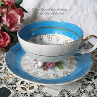 Tea Cup Footed Turquoise Blue with Pink Floral Roses Japan Retro Vintage Tea Time Gift  Romantic Shabby Chic Cottage Tea WhenRosesBloom