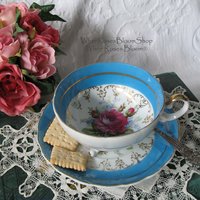 Tea Cup Footed Turquoise Blue with Pink Floral Roses Japan Retro Vintage Tea Time Gift  Romantic Shabby Chic Cottage Tea WhenRosesBloom