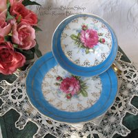 Tea Cup Footed Turquoise Blue with Pink Floral Roses Japan Retro Vintage Tea Time Gift  Romantic Shabby Chic Cottage Tea WhenRosesBloom