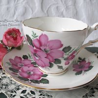 Tea Cup Grosvenor Pink Wild Roses English Bone ChinaTea Gift Vintage Retro Mid Century Shabby Chic Romantic Cottage Style WhenRosesBloom