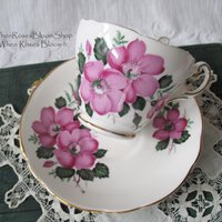 Tea Cup Grosvenor Pink Wild Roses English Bone ChinaTea Gift Vintage Retro Mid Century Shabby Chic Romantic Cottage Style WhenRosesBloom