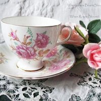 Tea Cup Pink Roses English Bone China Vintage Retro Tea Gift Mid Century Shabby Chic Farmhouse Jane Austen Downton Abbey WhenRosesBloom