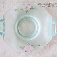 Green Depression Frosted Satin Glass Basket Candy Dish Pink Roses Vintage Retro Tea Time Gift Farmhouse Shabby Chic Style WhenRosesBloom