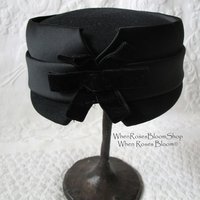 Vintage Black Hat  Wool w/Bow Classic Cocktail Pillbox Bellhop Toque with Elegant Jackie O Style 1940s-50s Cosplay WhenRosesBloom
