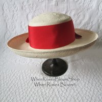 Vintage White Hat Straw Boater Panama Classic Tailored Elegance Tea Party Hat Retro Princess Diana Kate  Eric Javets Lily J  WhenRosesBloom