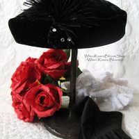 Vintage Hat Black Velvet Pill Box Mid Century 1950s Feather Rhinestone  Steampunk Cosplay  Kate Middleton Style WhenRosesBloom
