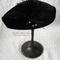 Vintage Hat Black Velvet Pill Box Mid Century 1950s Feather Rhinestone  Steampunk Cosplay  Kate Middleton Style WhenRosesBloom