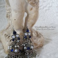 Vintage Silver Blue Pierced Earring Chandelier Boho Gypsy Hipster Casual Retro Jewelry Bollywood Beecham Cosplay FREE SHIP US WhenRosesBloom
