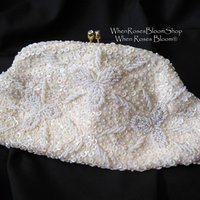 Vintage White Sequin and  Beaded Clutch Purse Evening Bag Art Deco Style Retro Cocktail Party Classic Style Glamour Dance WhenRosesBloom