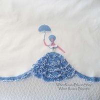 Vintage Pillowcases Crochet Lace Blue Parasol Lady Trousseau Pair NOS Shabby Chic Farmhouse Cottage Style Free Shipping in US WhenRosesBloom