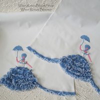 Vintage Pillowcases Crochet Lace Blue Parasol Lady Trousseau Pair NOS Shabby Chic Farmhouse Cottage Style Free Shipping in US WhenRosesBloom
