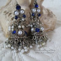 Vintage Silver Blue Pierced Earring Chandelier Boho Gypsy Hipster Casual Retro Jewelry Bollywood Beecham Cosplay FREE SHIP US WhenRosesBloom